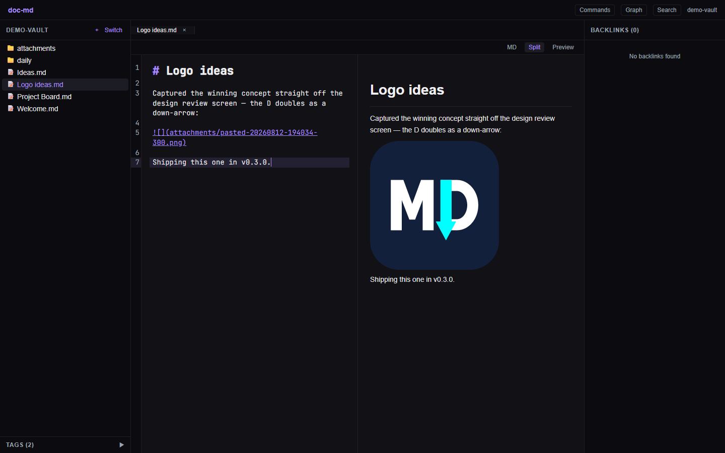A doc-md note called Logo ideas in split view. The left pane shows the markdown source, including an image link that was just inserted into the attachments folder; the right pane renders the note with the captured logo image displayed inline between two sentences.