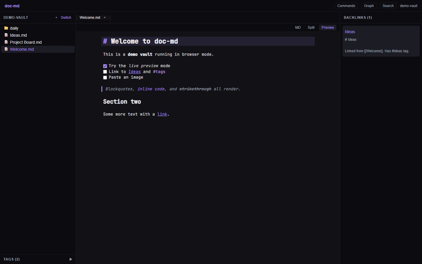 The doc-md main window. A file explorer sidebar on the left lists markdown notes. The main area shows a note in live preview: headings, bold text, and links appear fully formatted while you type, with markdown symbols hidden except on the line being edited.