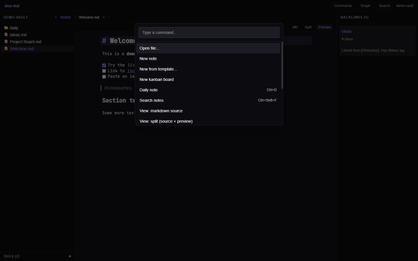 The doc-md command palette open over the editor: a search box reading 'Type a command' above a list including Open file, New note, New from template, New kanban board, Daily note, Search notes, and view mode switches.